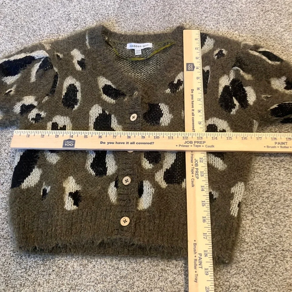 Madden Girl Girls XL 14/16 Fuzzy Leopard Print Cardigan Olive Green Sweater Y2K